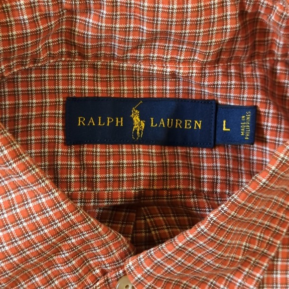 Ralph Lauren Long Sleeve Button Down Shirt Orange White Check Green Pony Size L - Picture 3 of 8